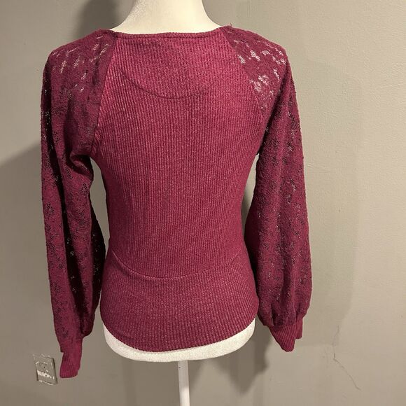 Anthropologie Surplice Ribbed Sweater Lace Sleeve Shirt Plum Pullover Size Small - Picture 5 of 9